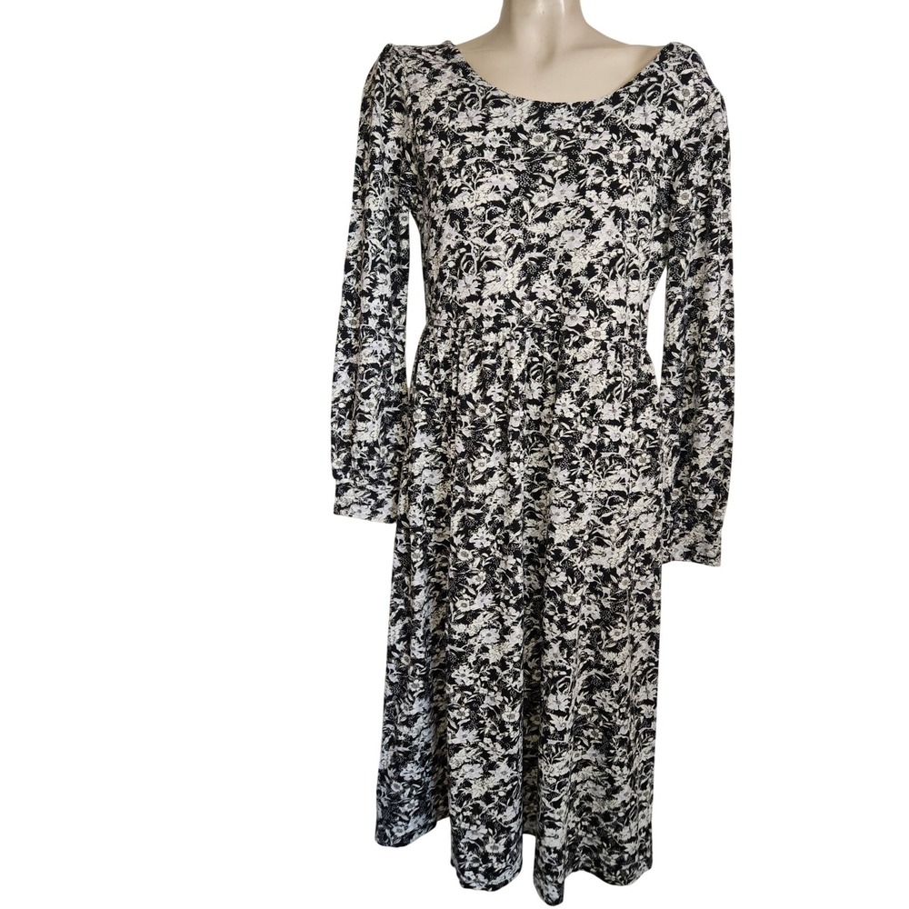 Aventura New Women Black White Floral Organic Cotton Tencel Midi Dress S prarie